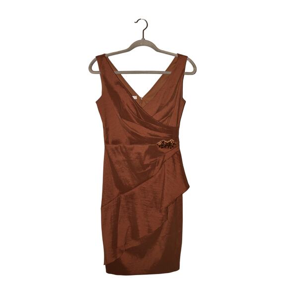 LONDON TIMES $128 Brown Taffeta Sleeveless‎ Faux Wrap Sheath Dress Size 4 - Picture 1 of 4